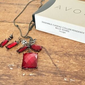 Avon Y2K Gothic Ruby Red Statement Drop Necklace Earring Set Black Chain 26” NIB